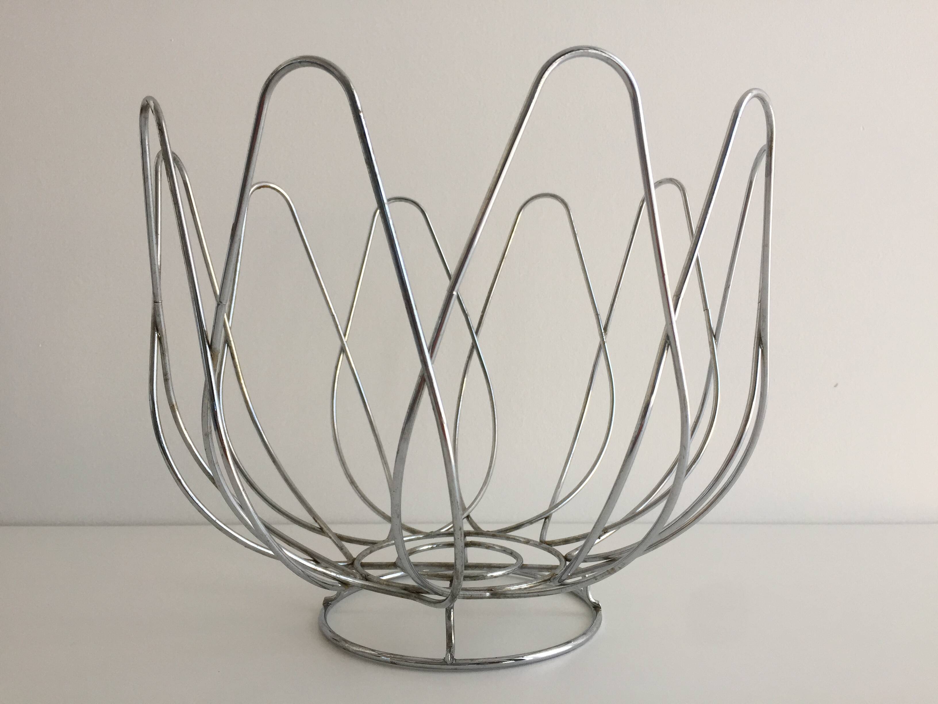 Basket Bowl Fruit Basket Centerpiece Chrome Metal Stainless Steel Art Design...