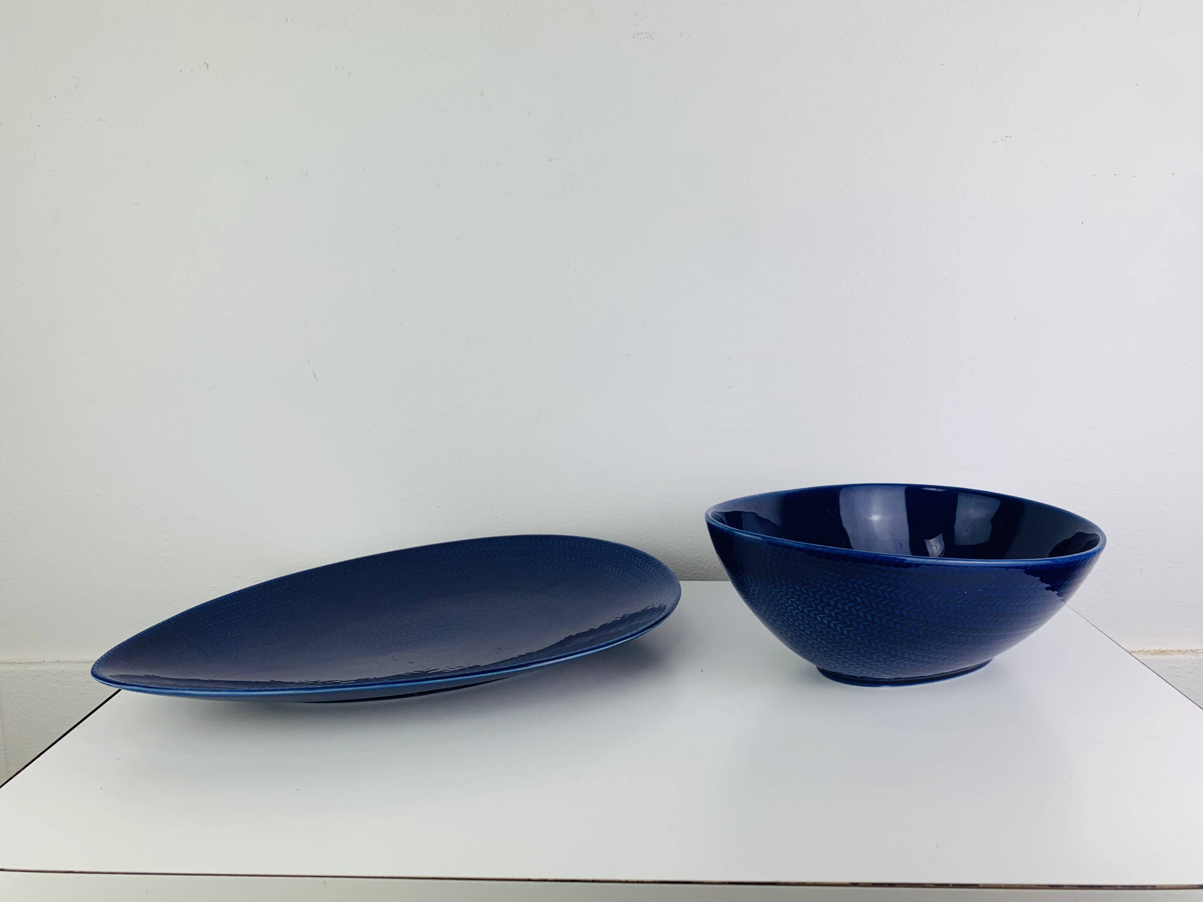 Dish and bowl Blå eld by Hertha Bengtson for Rörstrand Sweden, ceramic.
