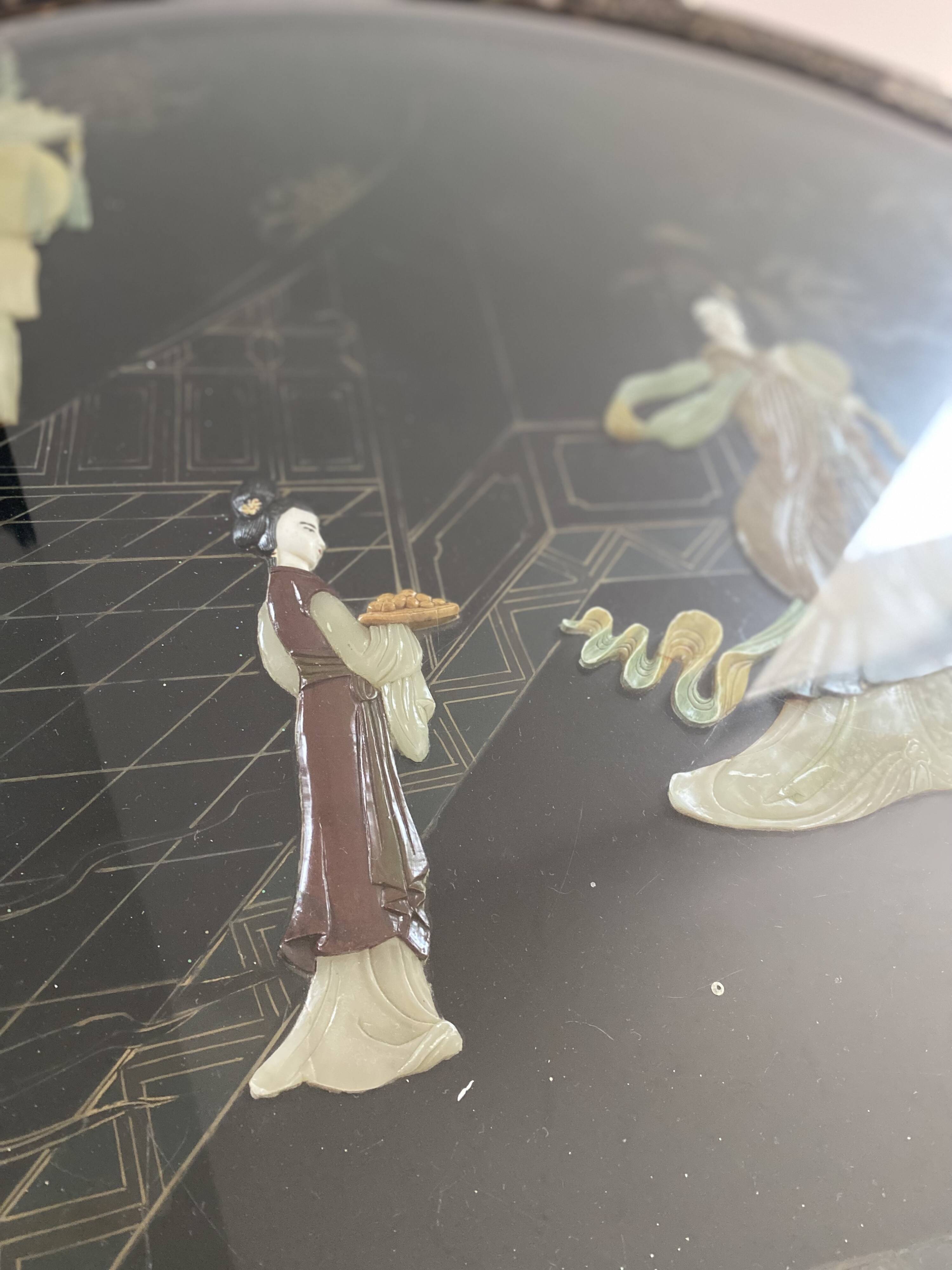 Chinese decorative table – black lacquer, jade and mother-of-pearl inlays