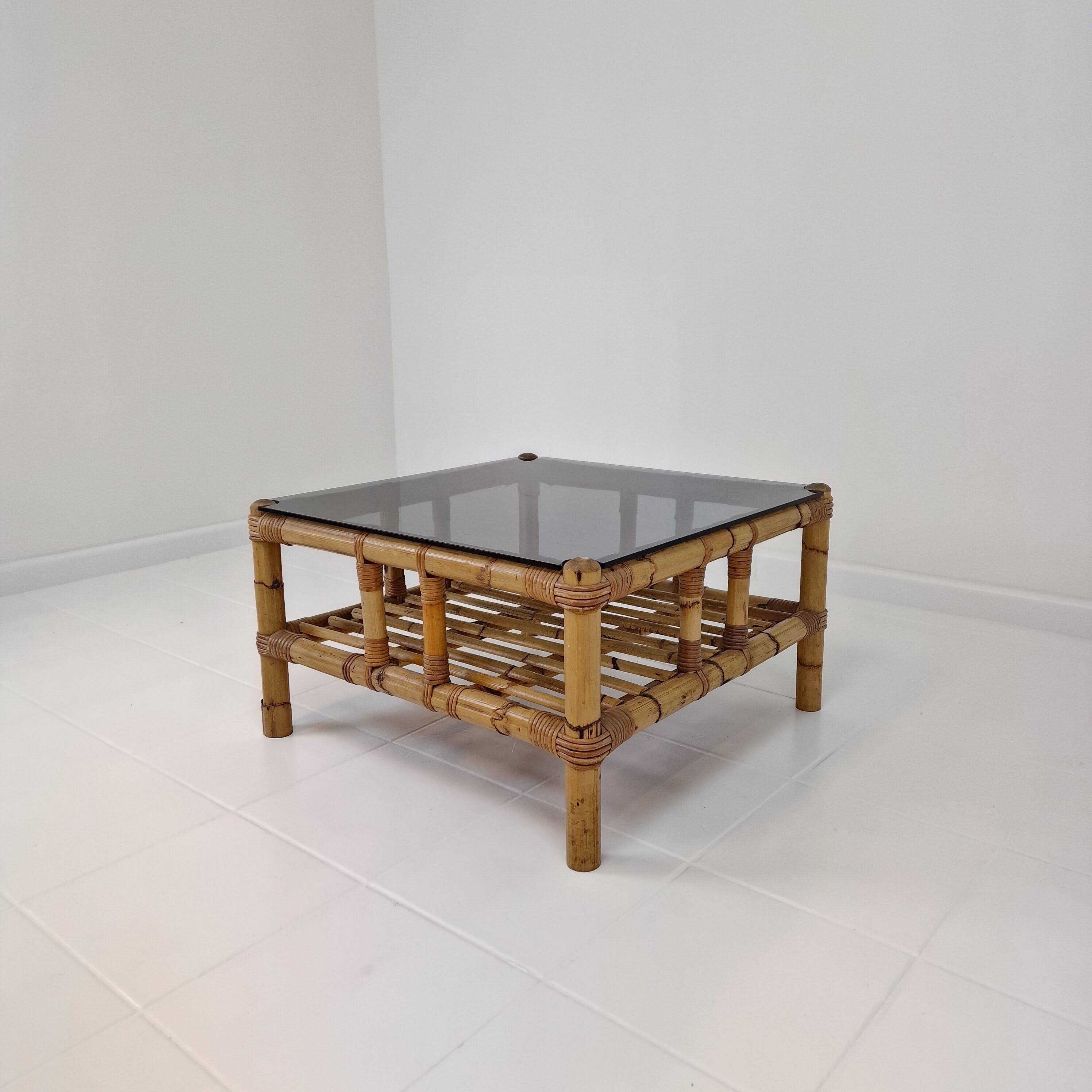 Italian bamboo coffee table with smoked glass, 1970s