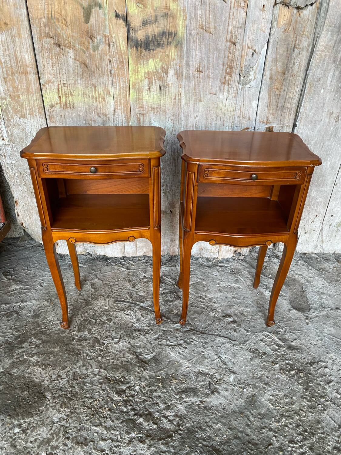 Pair of louis xv style bedside tables in cherry wood + drawer