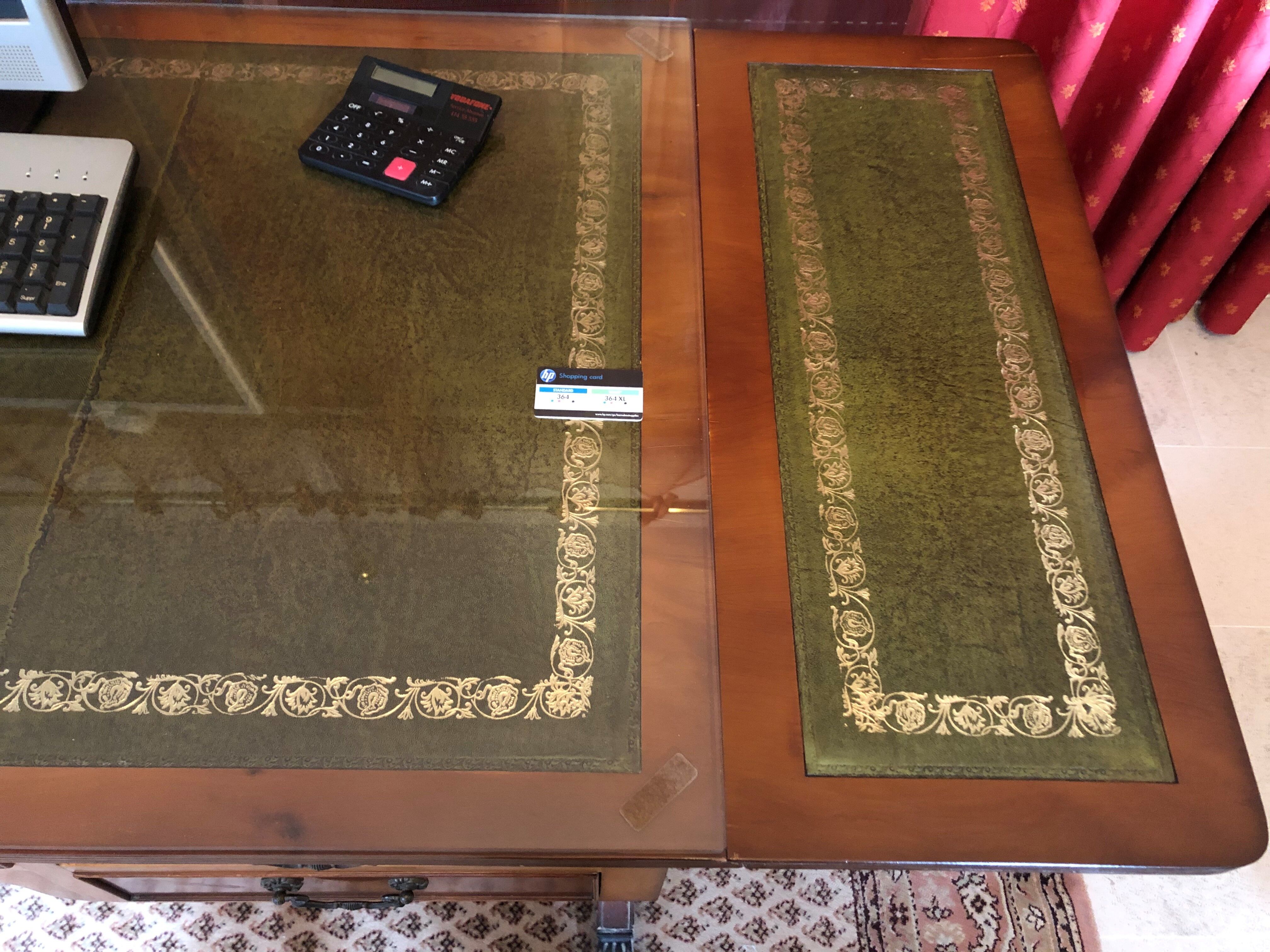 English office in blond mahogany and green leather