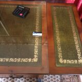 English office in blond mahogany and green leather