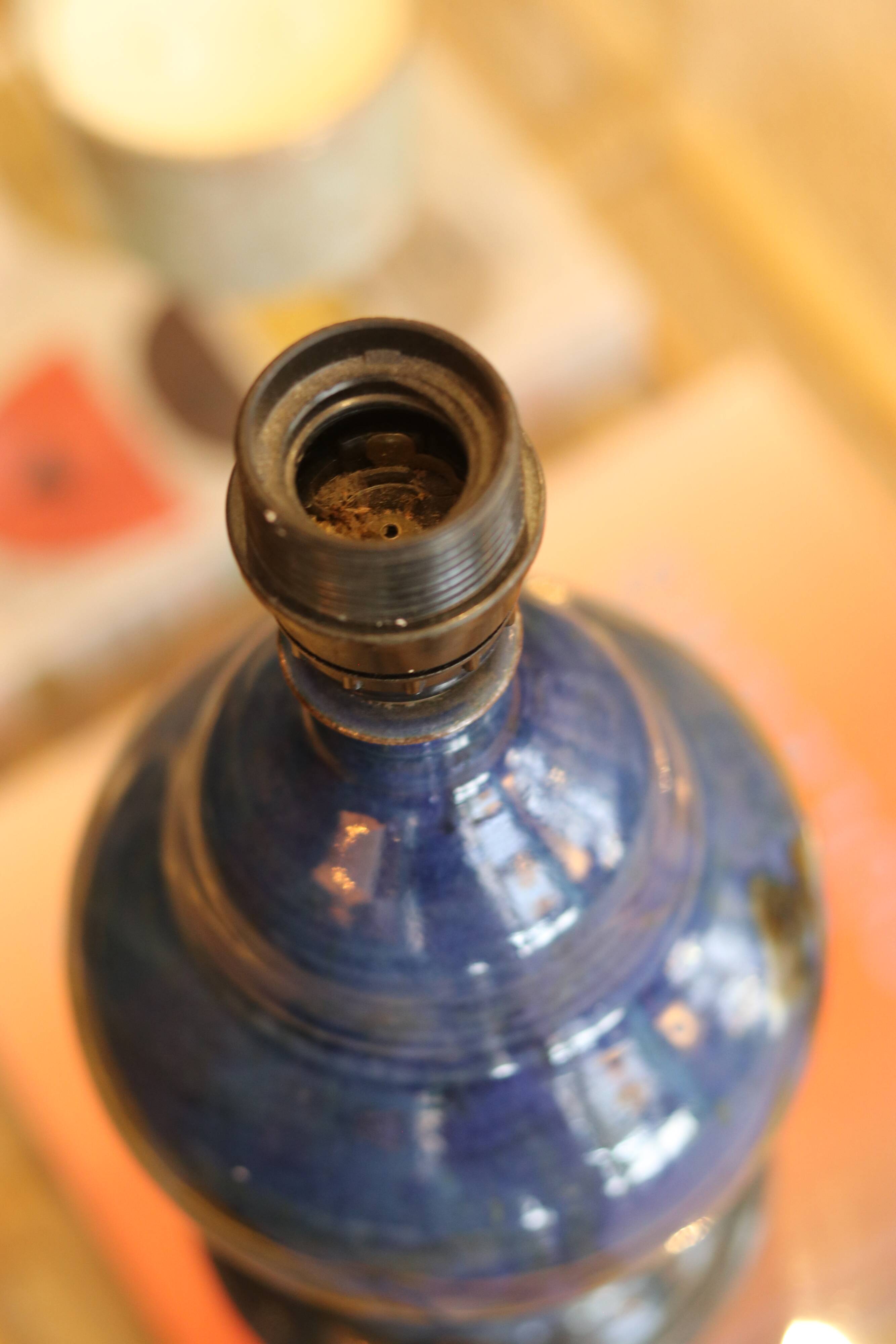 Blue enamelled stoneware lamp base – signed Blanot