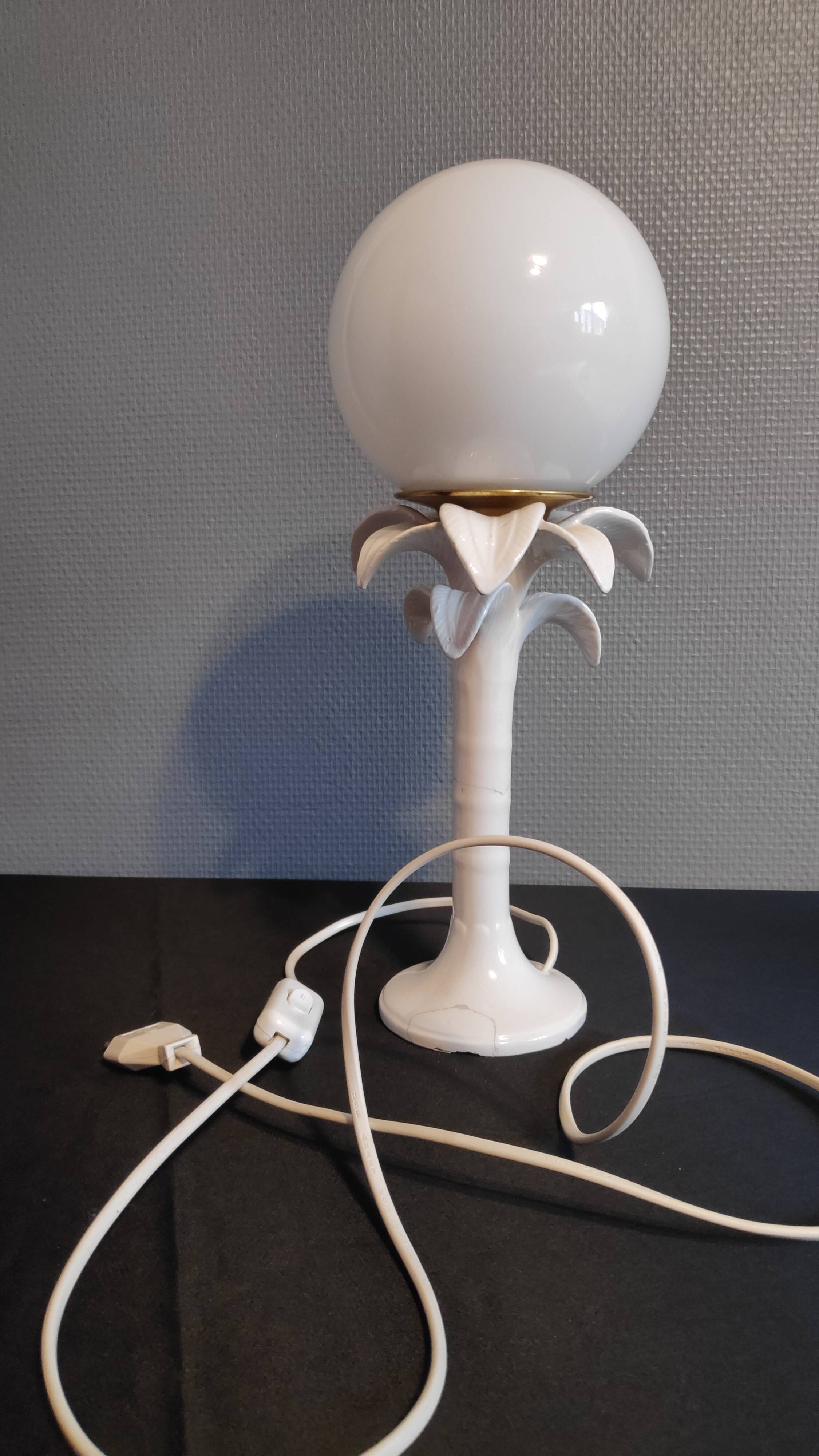 Italian white ceramic palm lamp and opaline globe