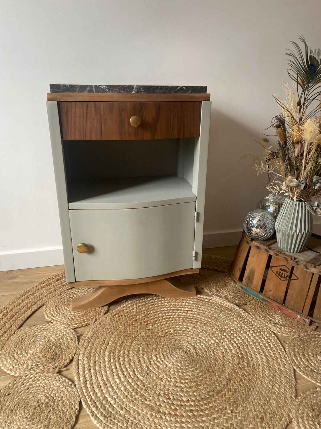 Pair of mismatched art deco bedside tables in green and wood