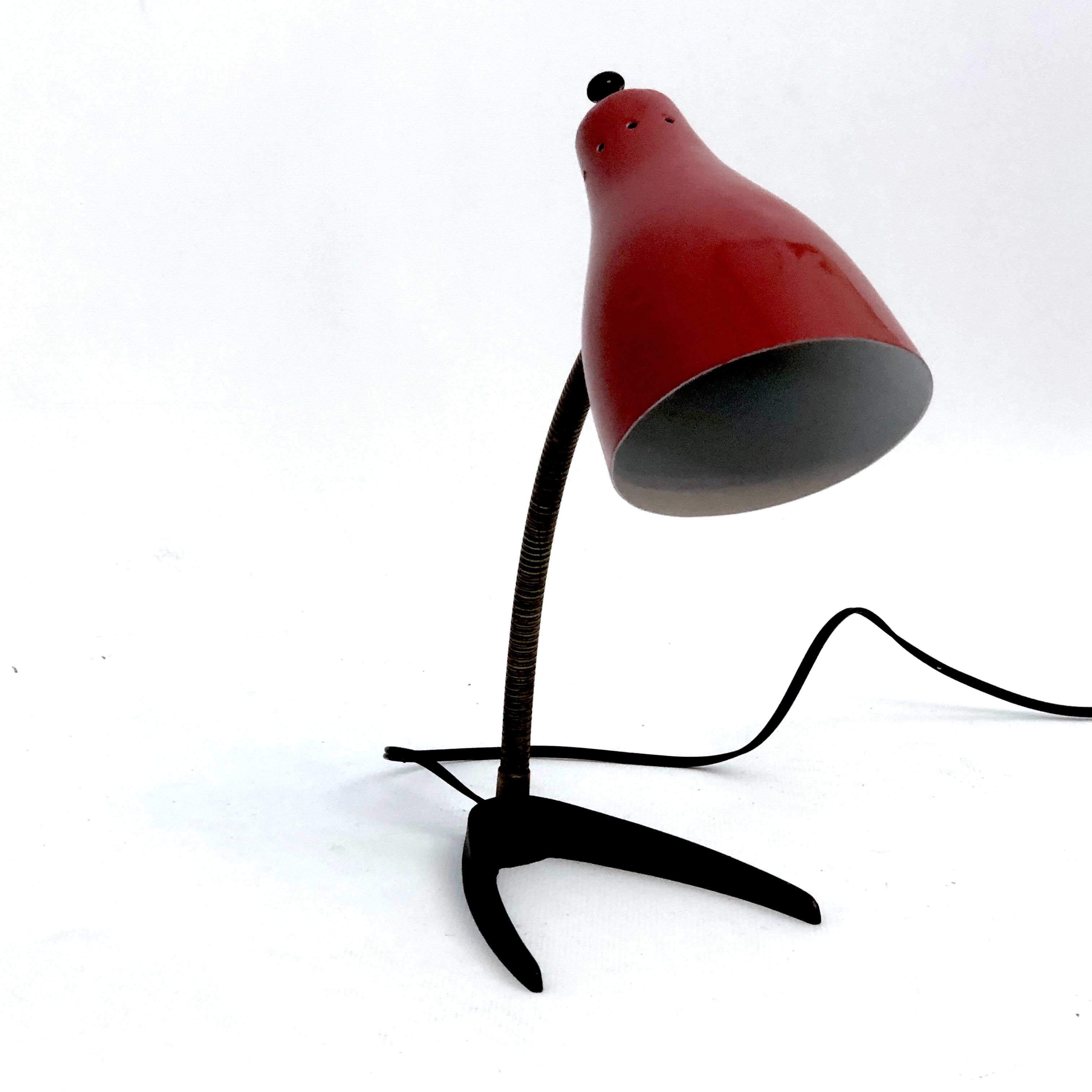 Vintage Italian brass and red lacquer flexible table lamp from 50s