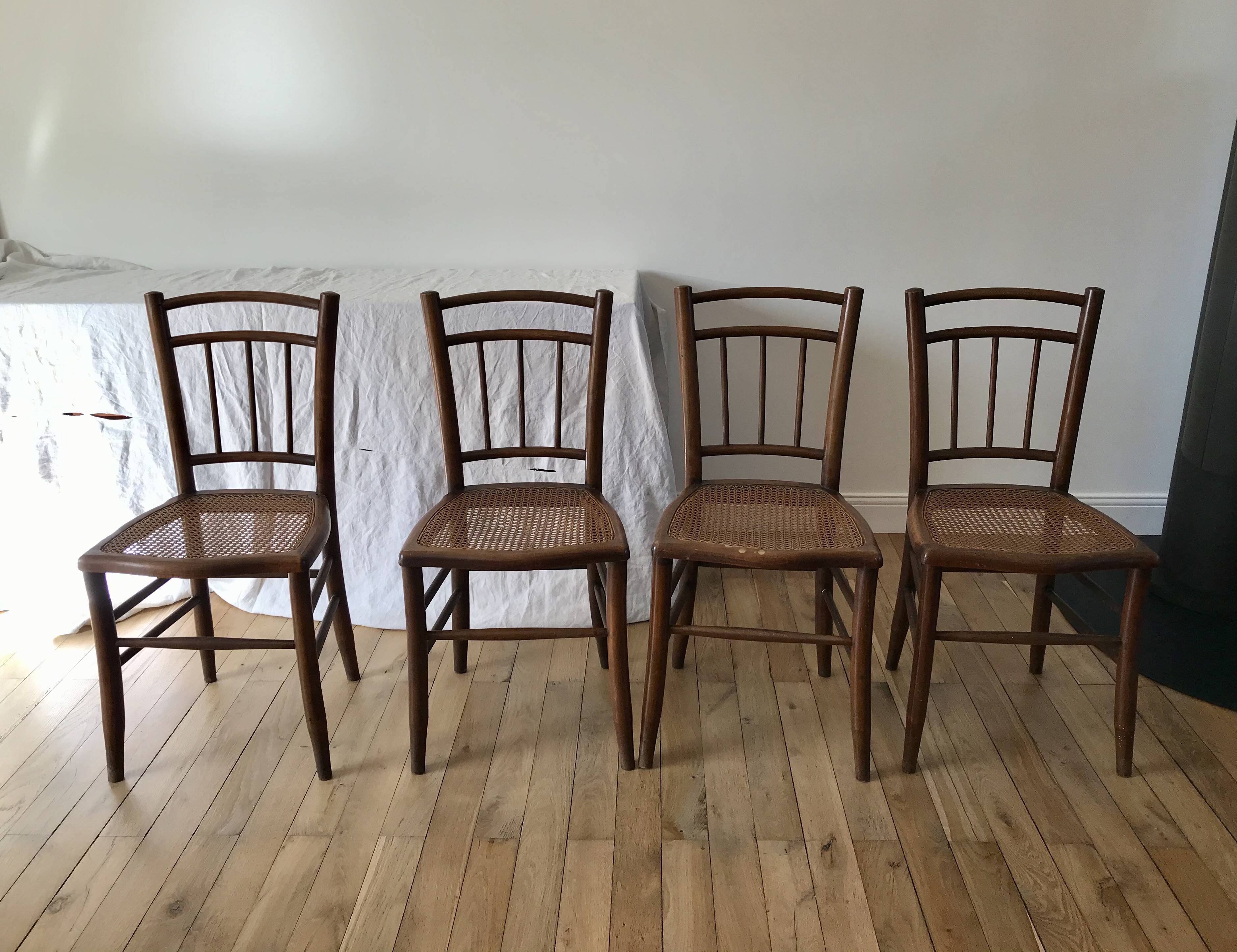 set of 4 bistro chairs in turned wood and canework stamped early 20th century