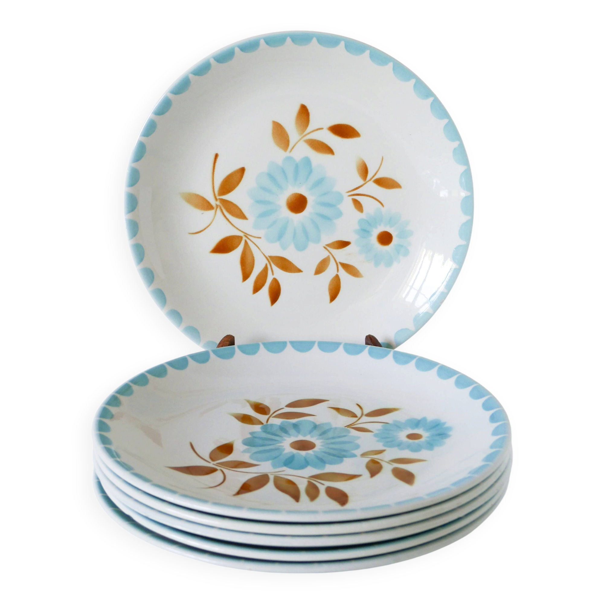 Set of 6 semi-deep plates with flowers, Sky Blue and Brown, 1970.