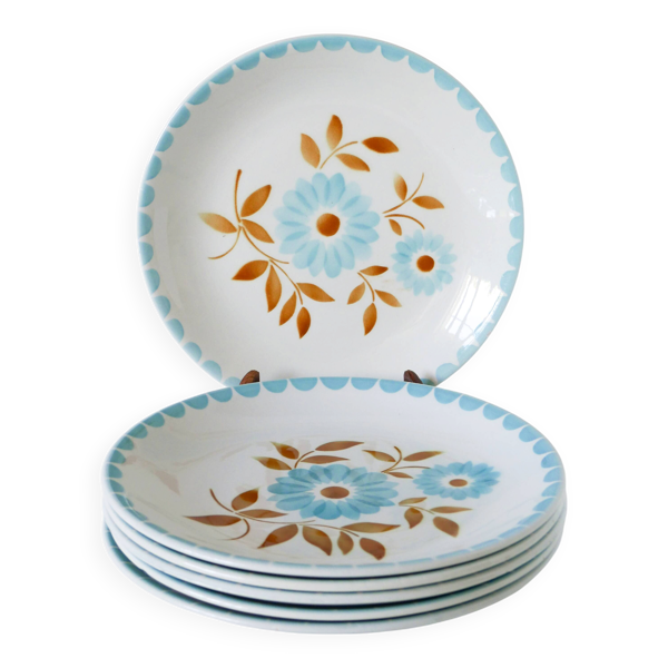 Lot de 6 assiettes semi-creuses à fleurs, Bleu Ciel et Marron, 1970