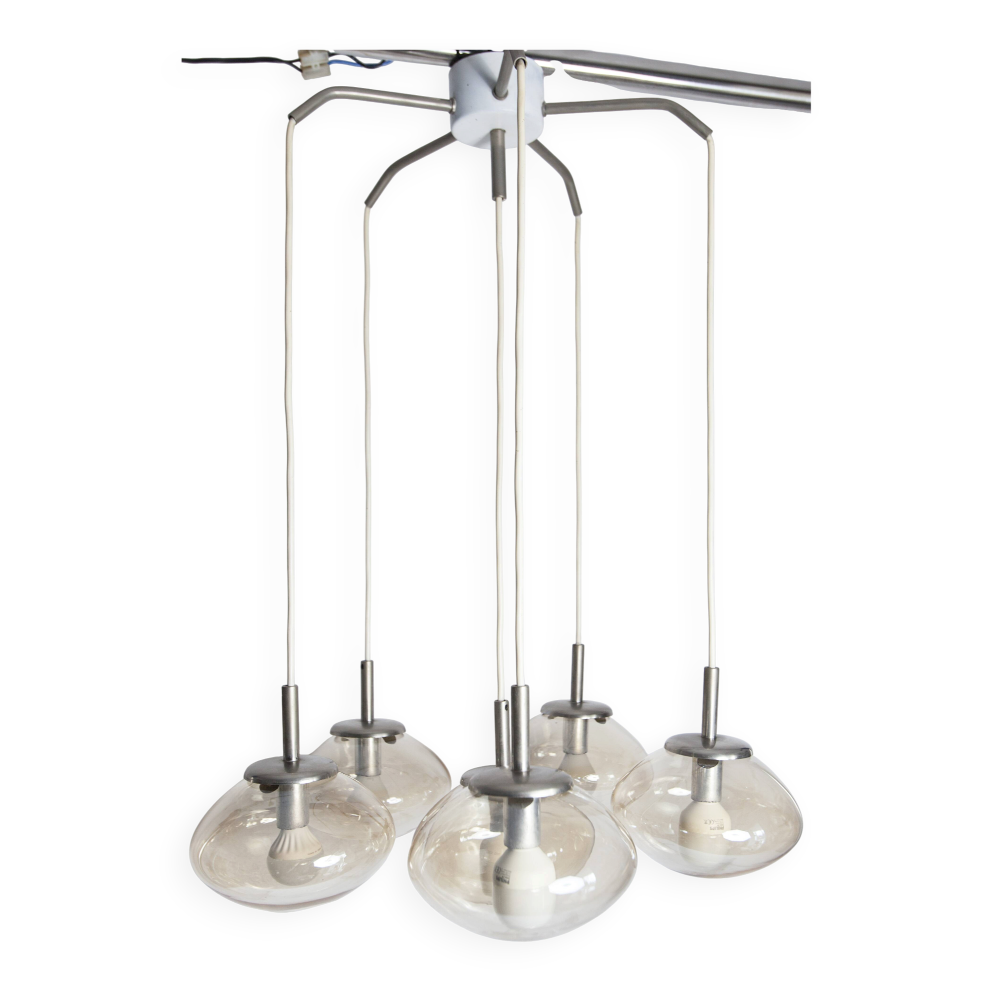 Light smoked glass water drop chandelier with 6 drops from the 1960s.