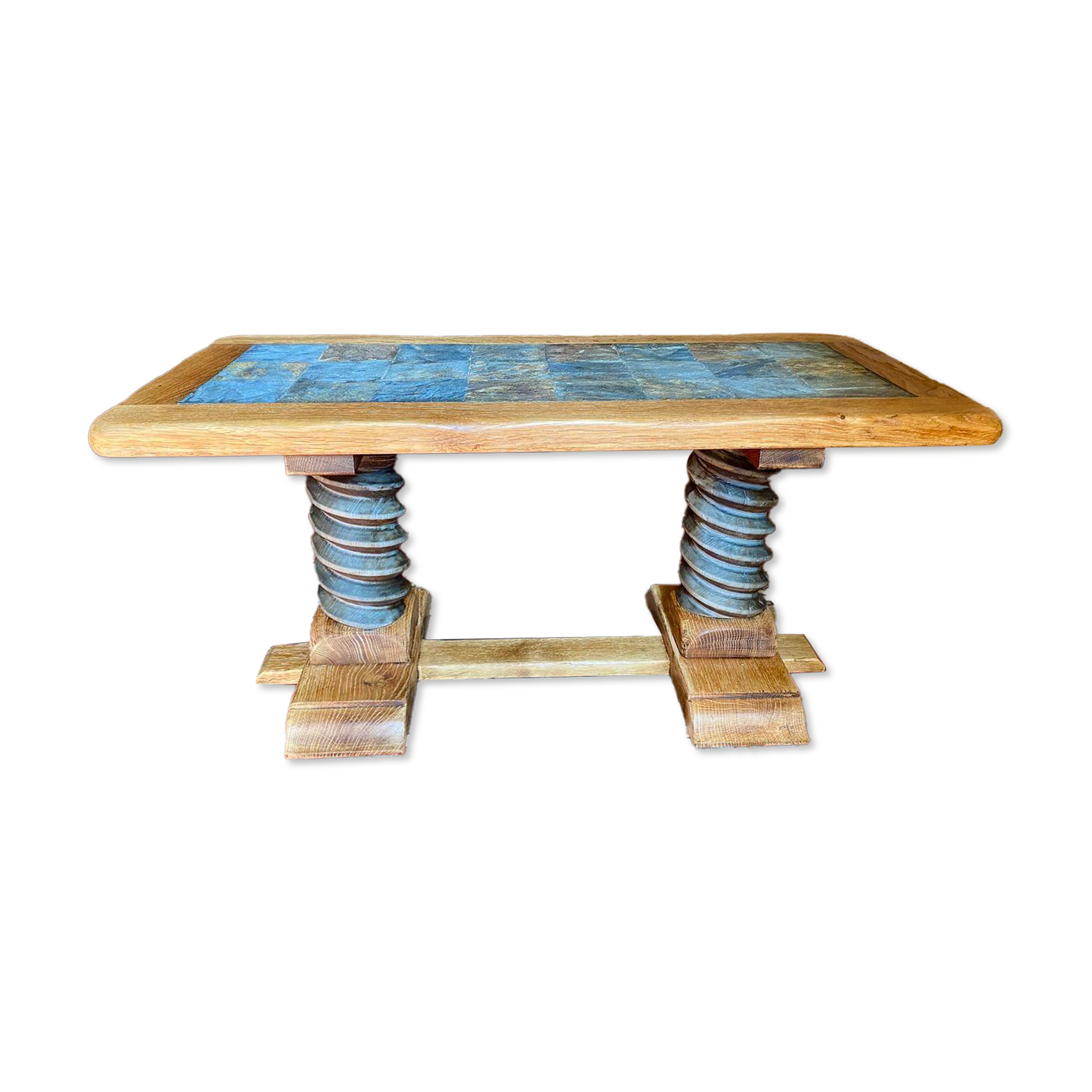 Vintage coffee table in solid oak and slate – Press screw base