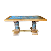 Vintage coffee table in solid oak and slate – Press screw base