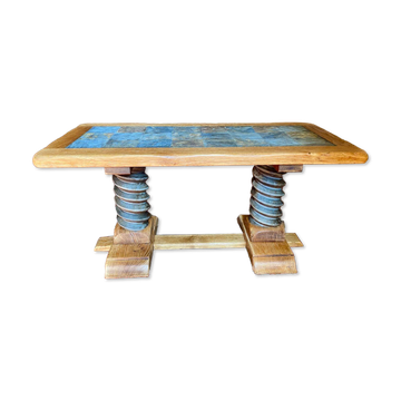 Vintage coffee table in solid oak and slate – Press screw base
