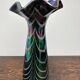 Vintage iridescent glass vase with ribbed design and ruffled neck, H 21 cm.