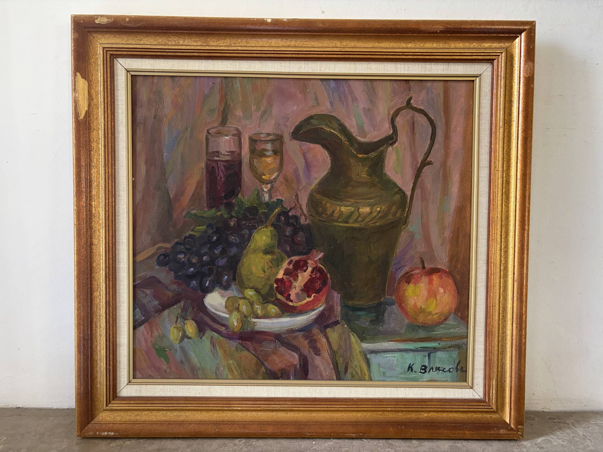 Russian still life with fruits and jug, oil on canvas signed 1986