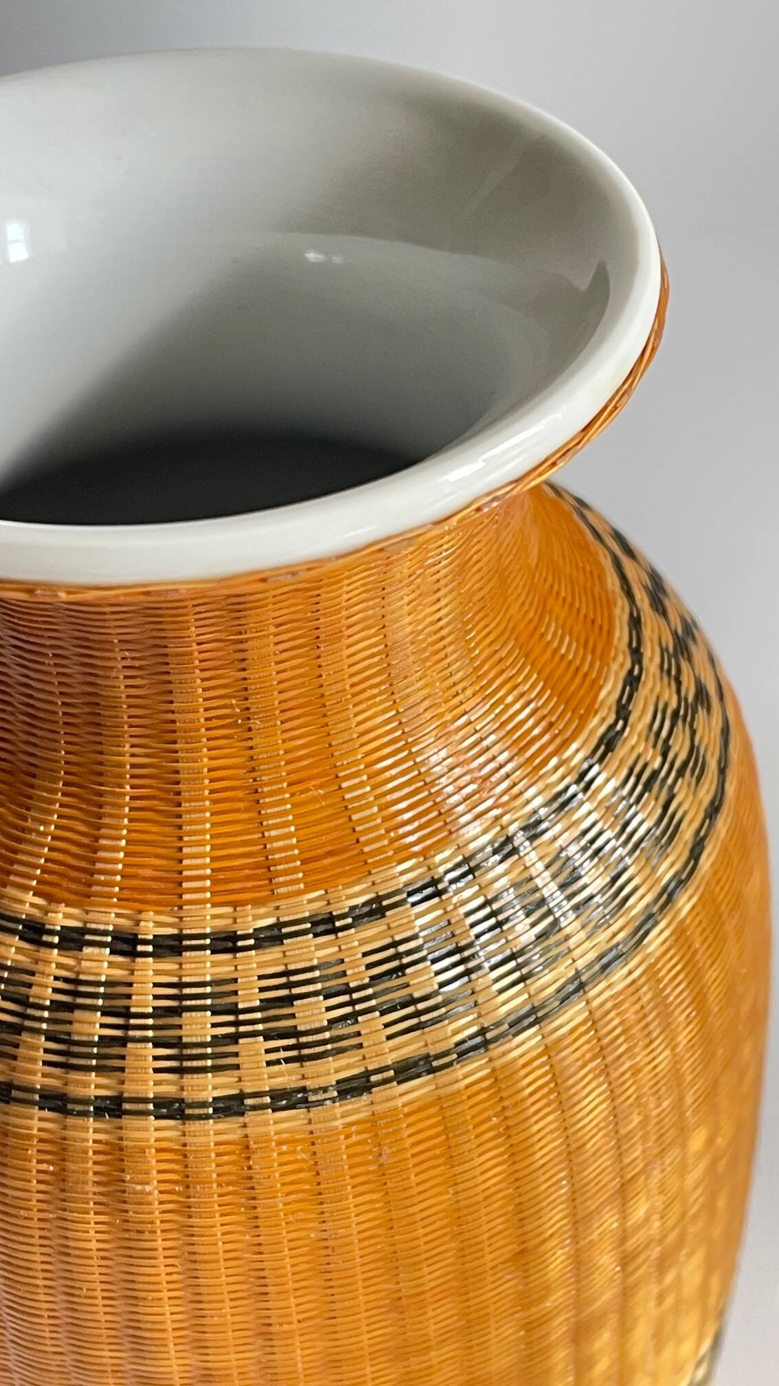 VINTAGE Woven Bamboo and Fine Porcelain VASE