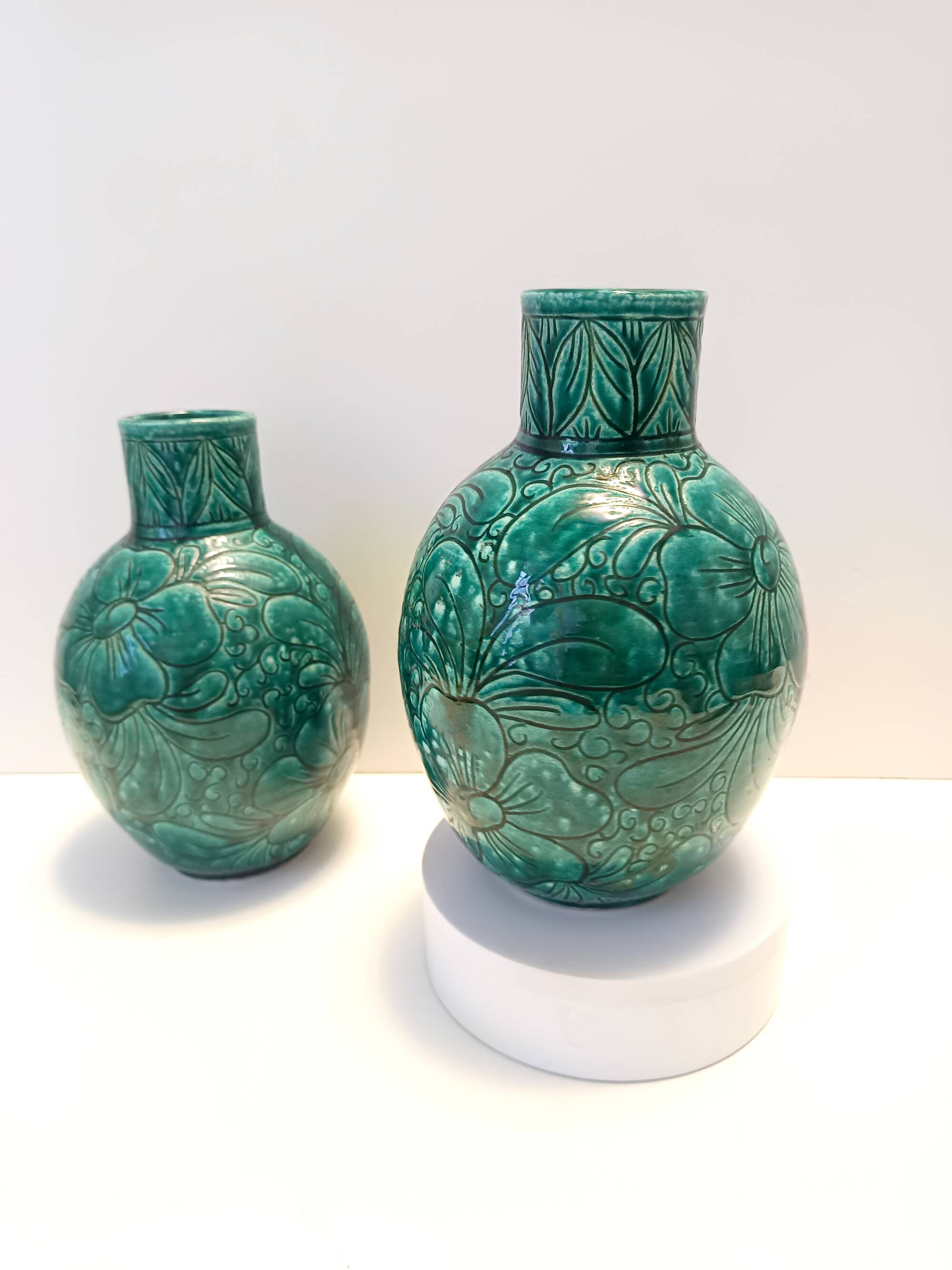 Pair of Handcrafted Green Ceramic Vases by Fanciullacci, Italy