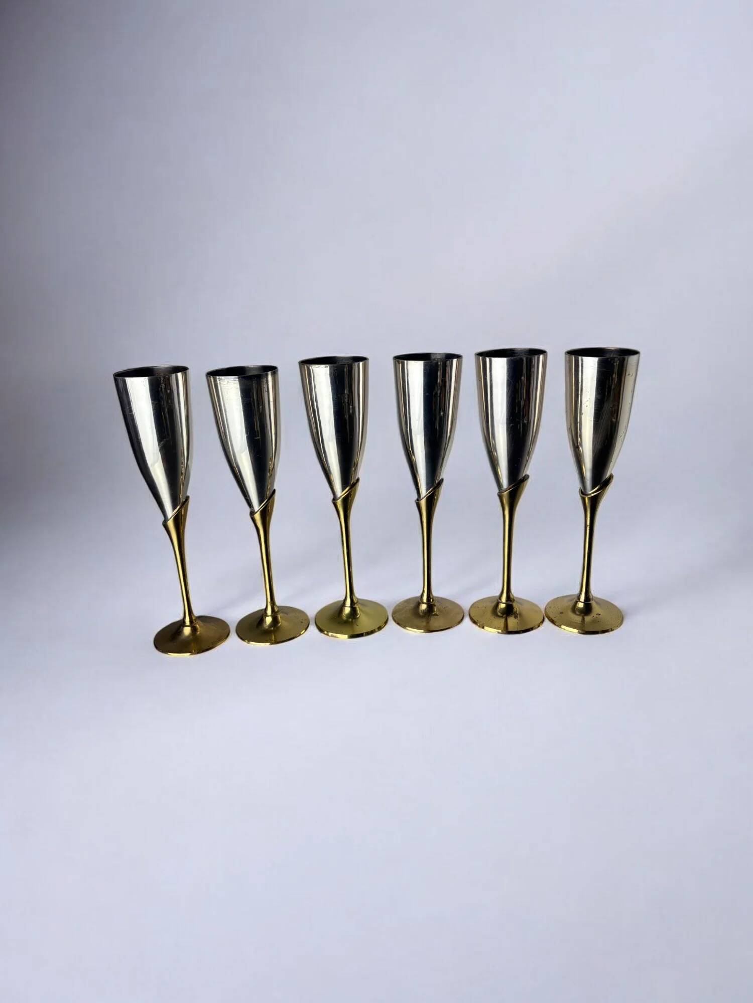 Brutalist champagne glasses in brass & silver plated, set of 6, Spain, 1970s