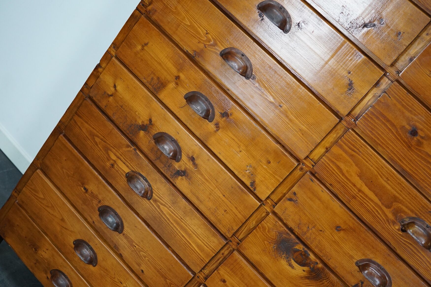 Dutch pine industrial apothecary cabinet, 1950s