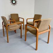 4 armchairs with armrests in beech and fabric, 1970s vintage design.