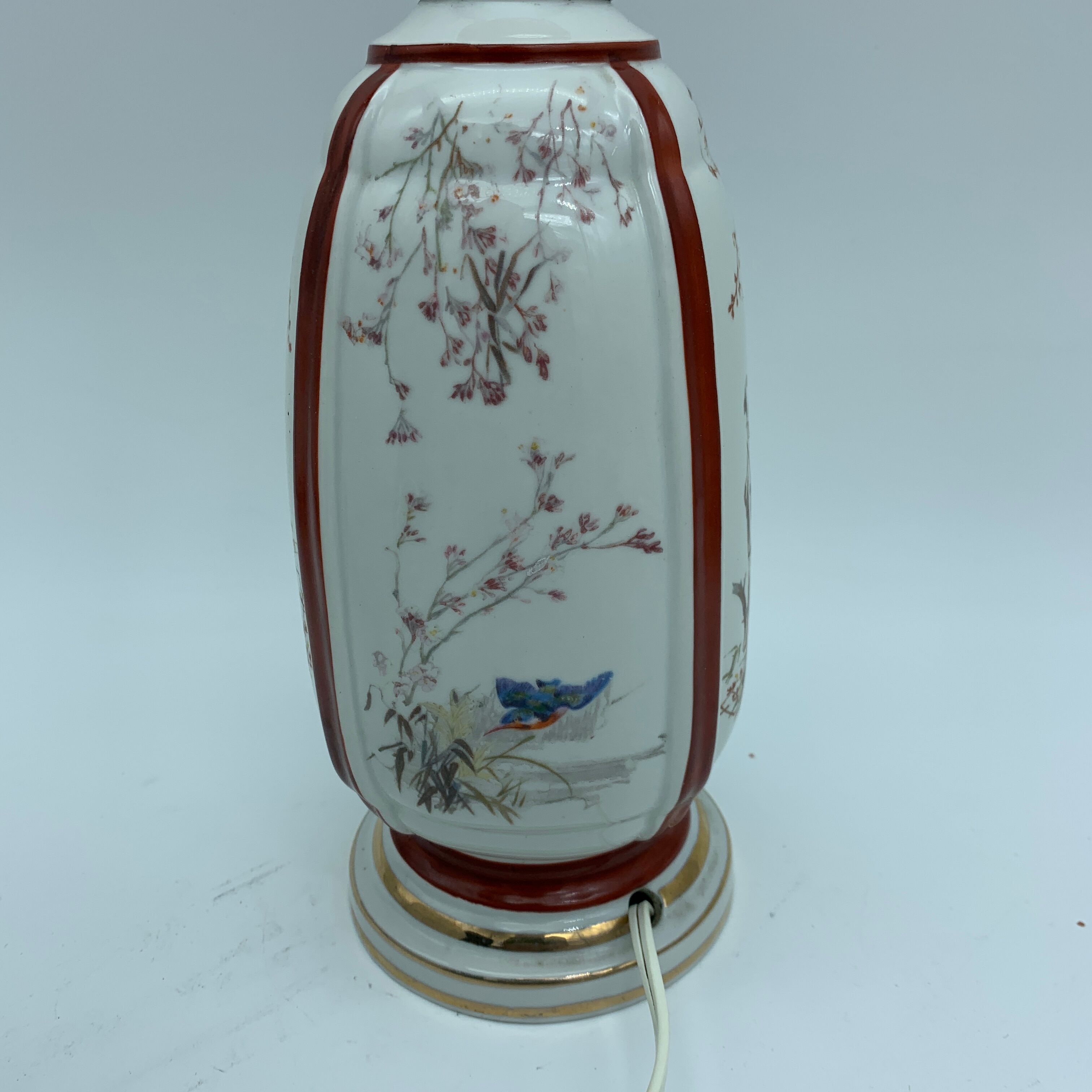 Foot antique porcelain lamp has early 20th century bird decoration (Limoges Paris?)