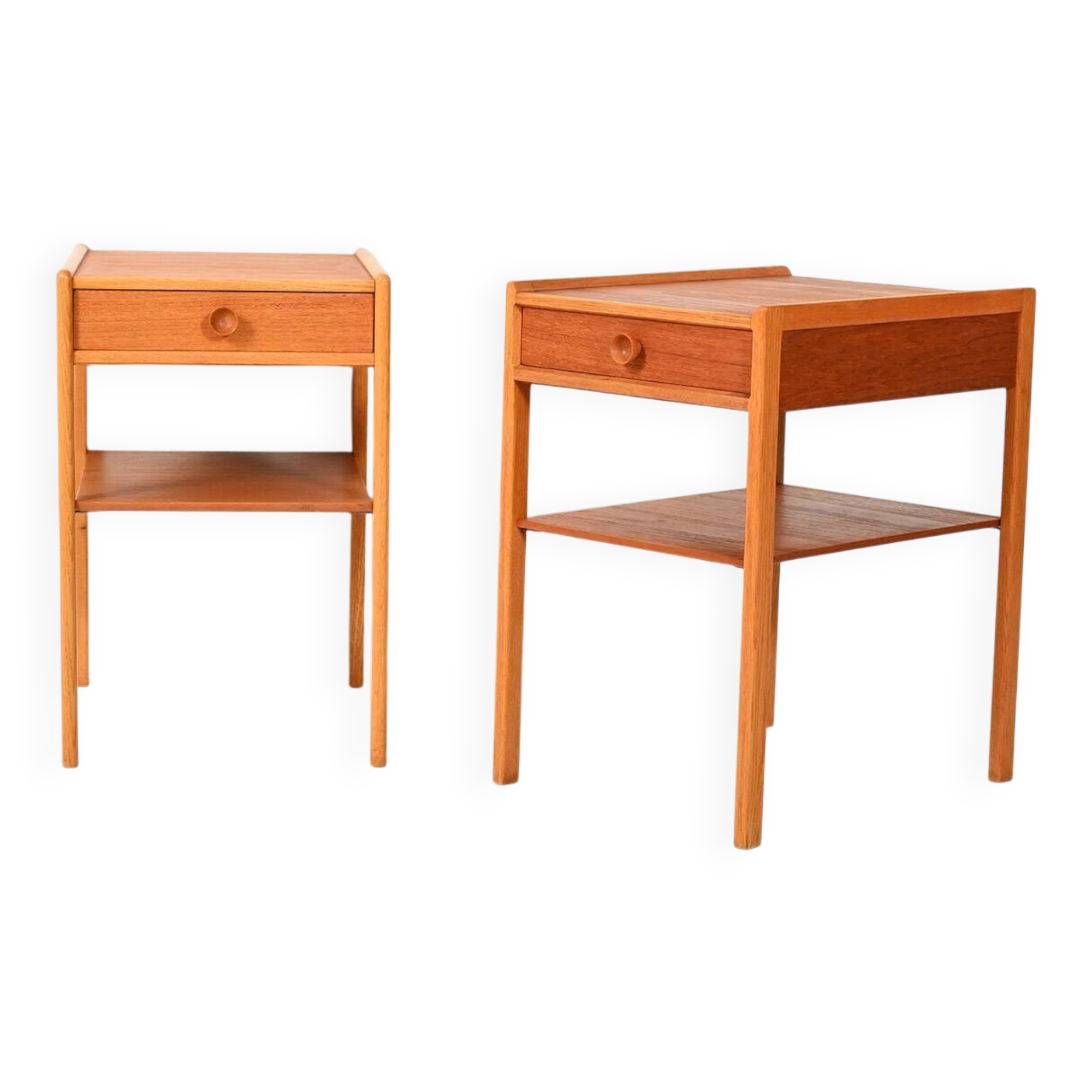 Pair of Scandinavian bedside tables from the 1950s–60s with carved handle