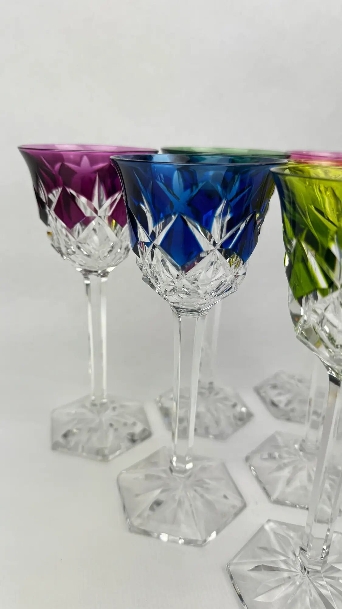 Val Saint Lambert, 6 coloured crystal Roemer glasses, 19 cm