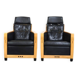 Unique Set of Exceptional Black Leather Schuitema Armchairs with Wood Made for Holland America