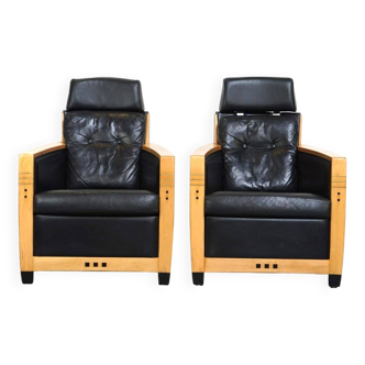 Unique Set of Exceptional Black Leather Schuitema Armchairs with Wood Made for Holland America