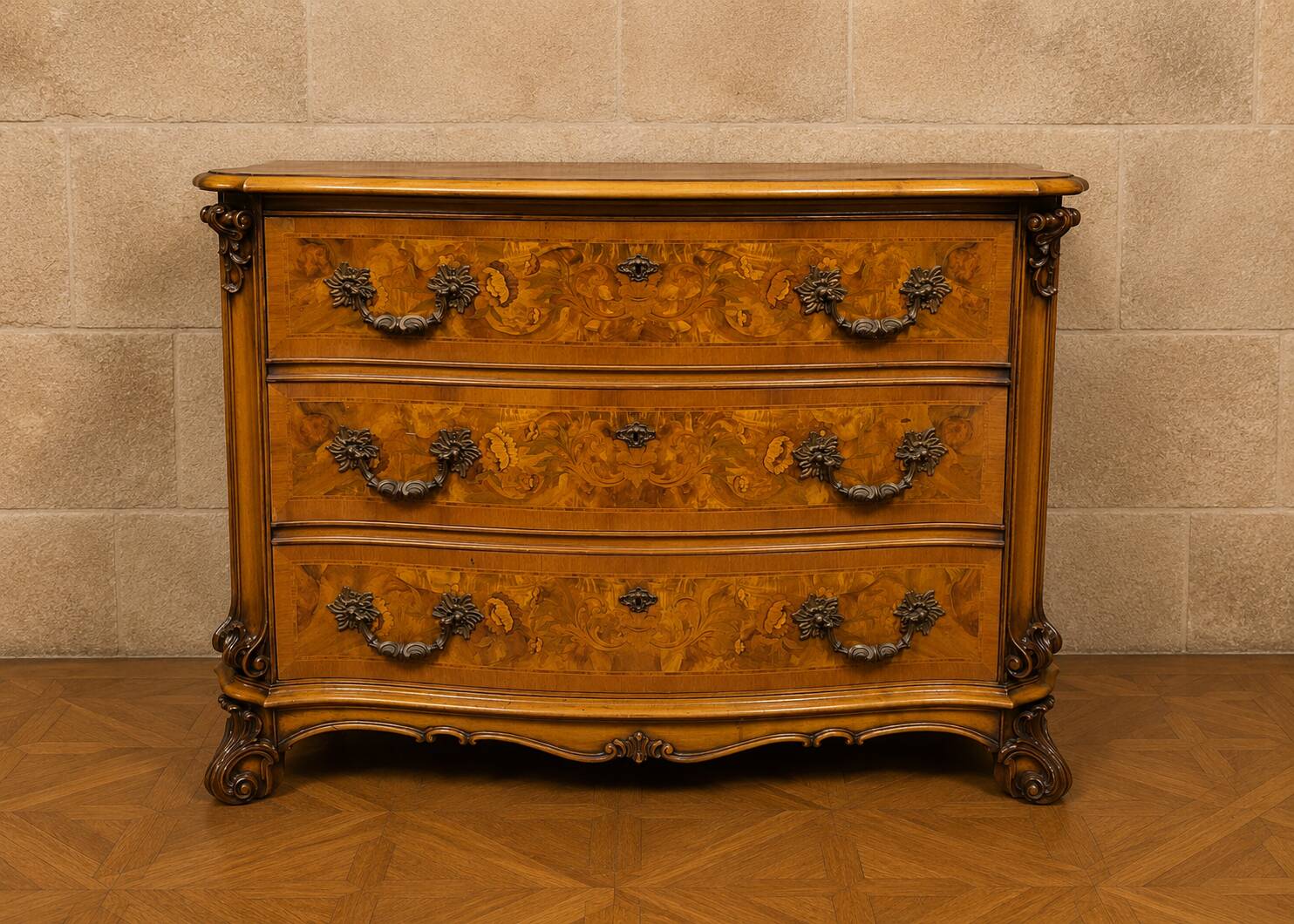 Commode galbée en marqueterie de noyer – Style Louis XV