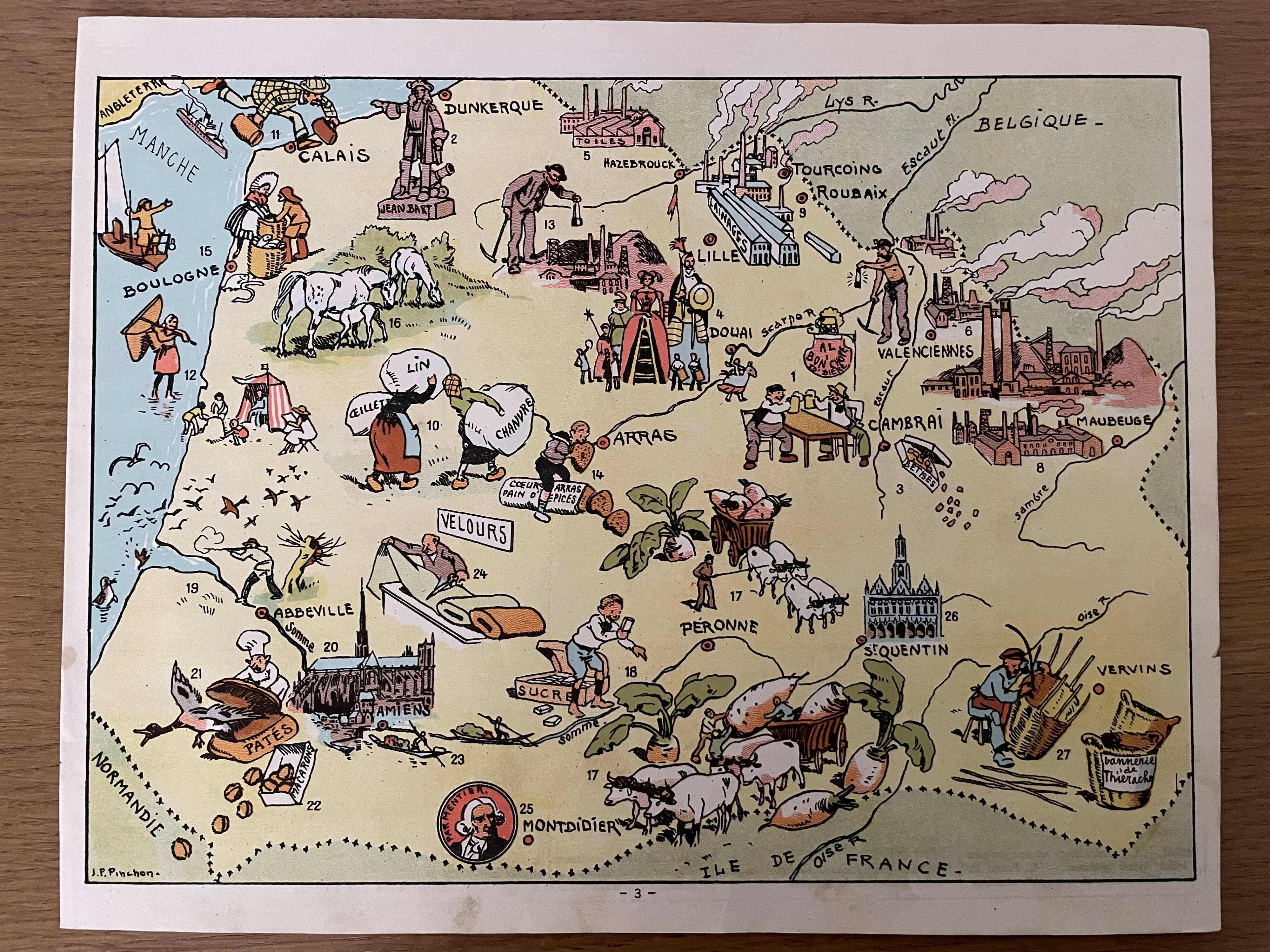 Old illustrated map of Flanders Artois Picardy 1948 - JP Pinchon