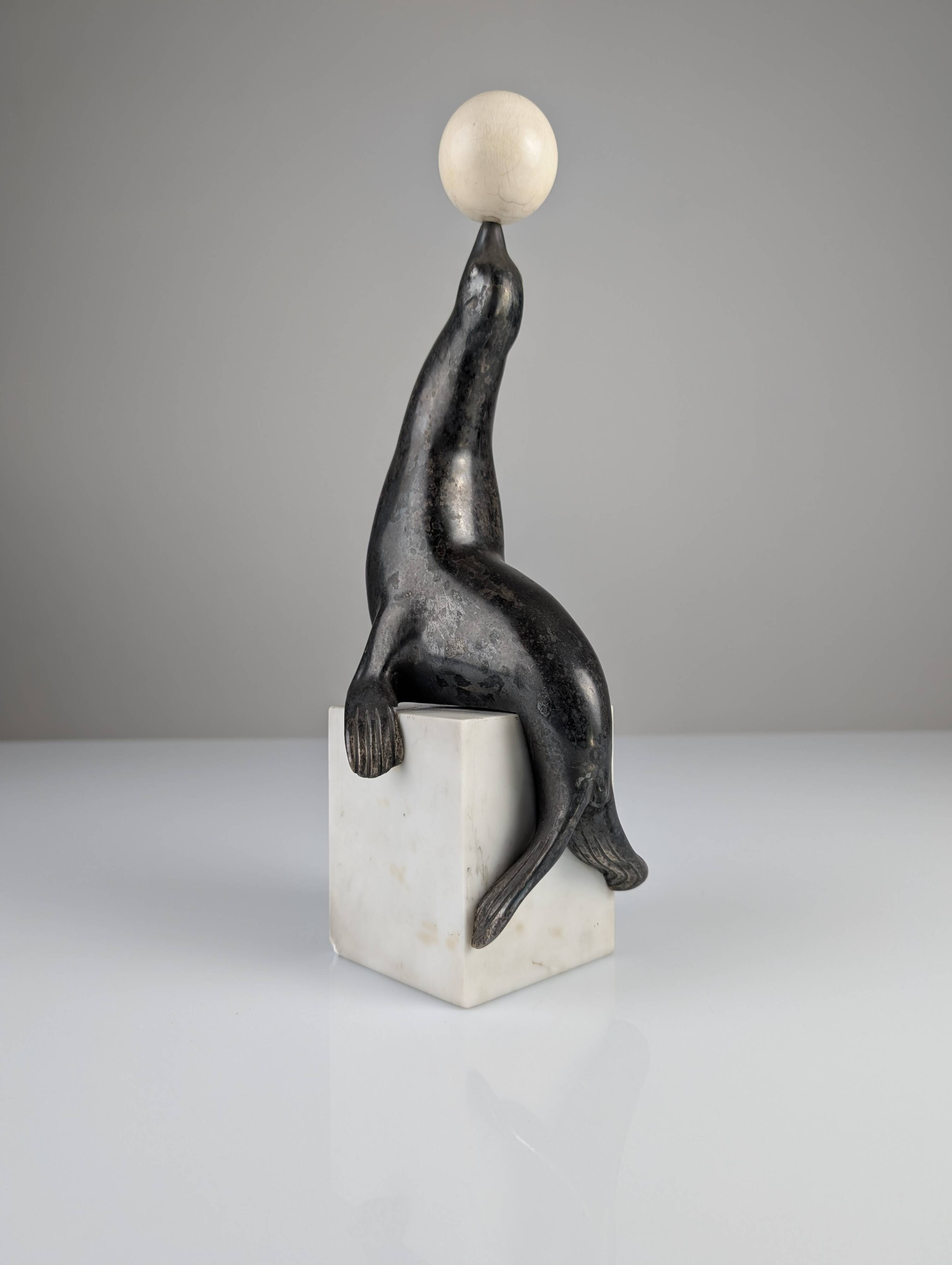 Art Deco Chryselephantine Sculpture Sea Lion att. Marcel-André Bouraine, 1900s