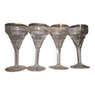 Lot de 4 verres vintage anciens de bistrot avec liseret doré, année 19