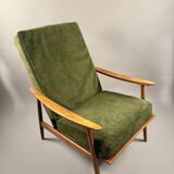 Fauteuil scandinave – revêtement vert, bois de hêtre, vintage