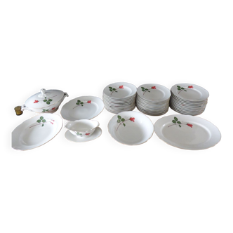 Service  42 pieces de vaisselles usine de porcelaine CISLAGO motif rose avec un liseré doré