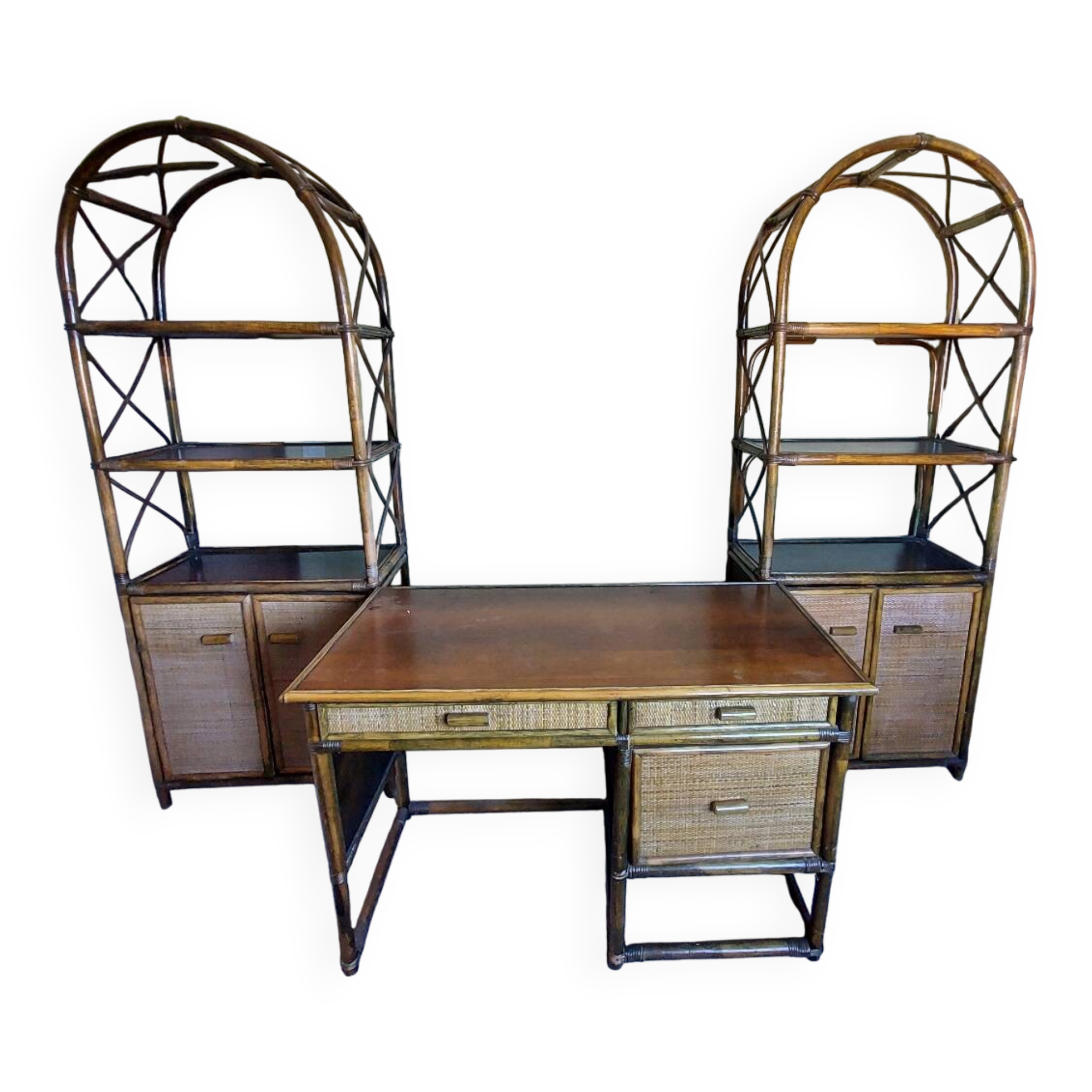 Many libraries and rattan desks.