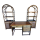 Many libraries and rattan desks.
