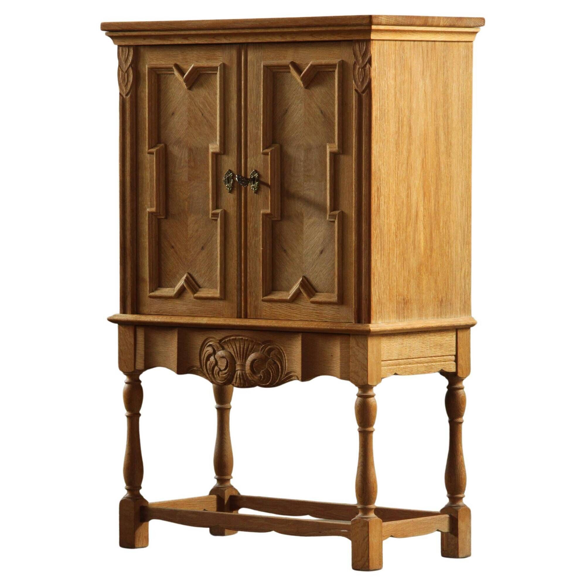 Vintage Danish Chevron Oak Cabinet, Henning Kjærnulf Baroque style, 1960s