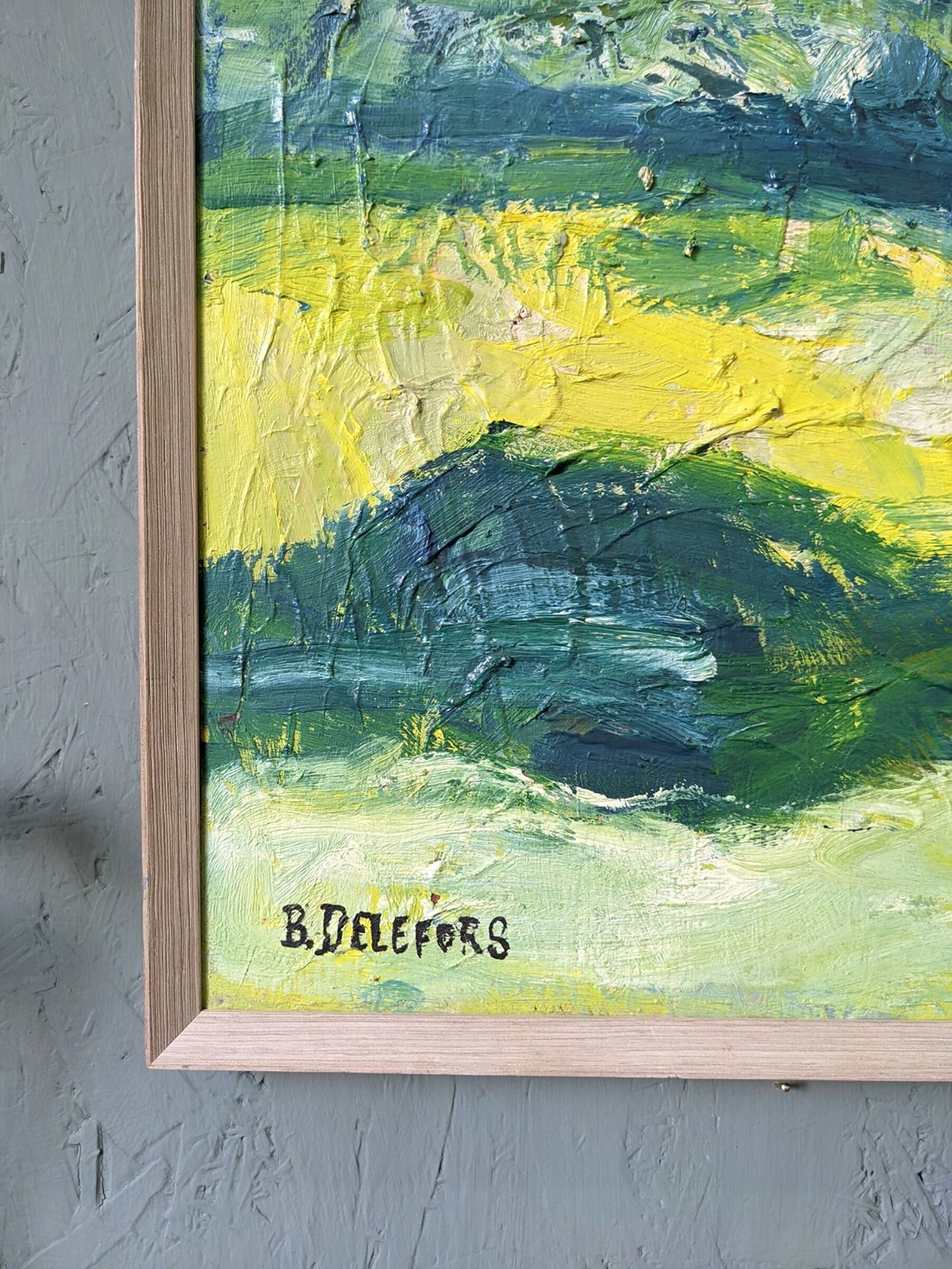 Mid-Century Modern Swedish "Waves" Vintage Abstract Oil Painting, Framed