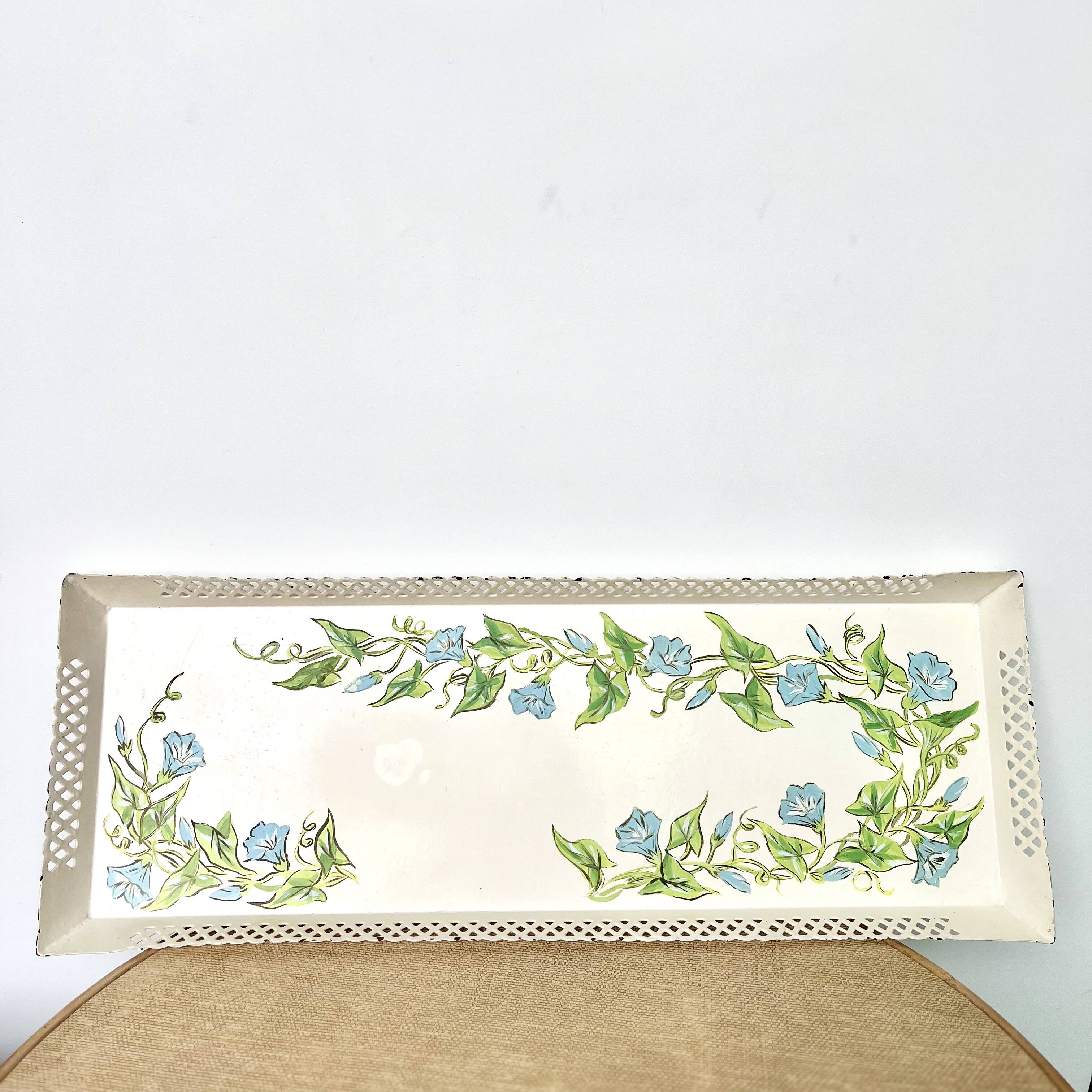 Large painted sheet metal tray with flower decoration