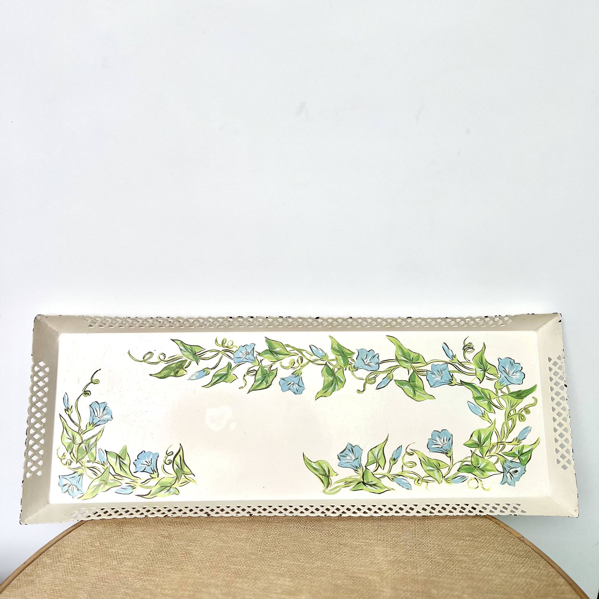 Large painted sheet metal tray with flower decoration