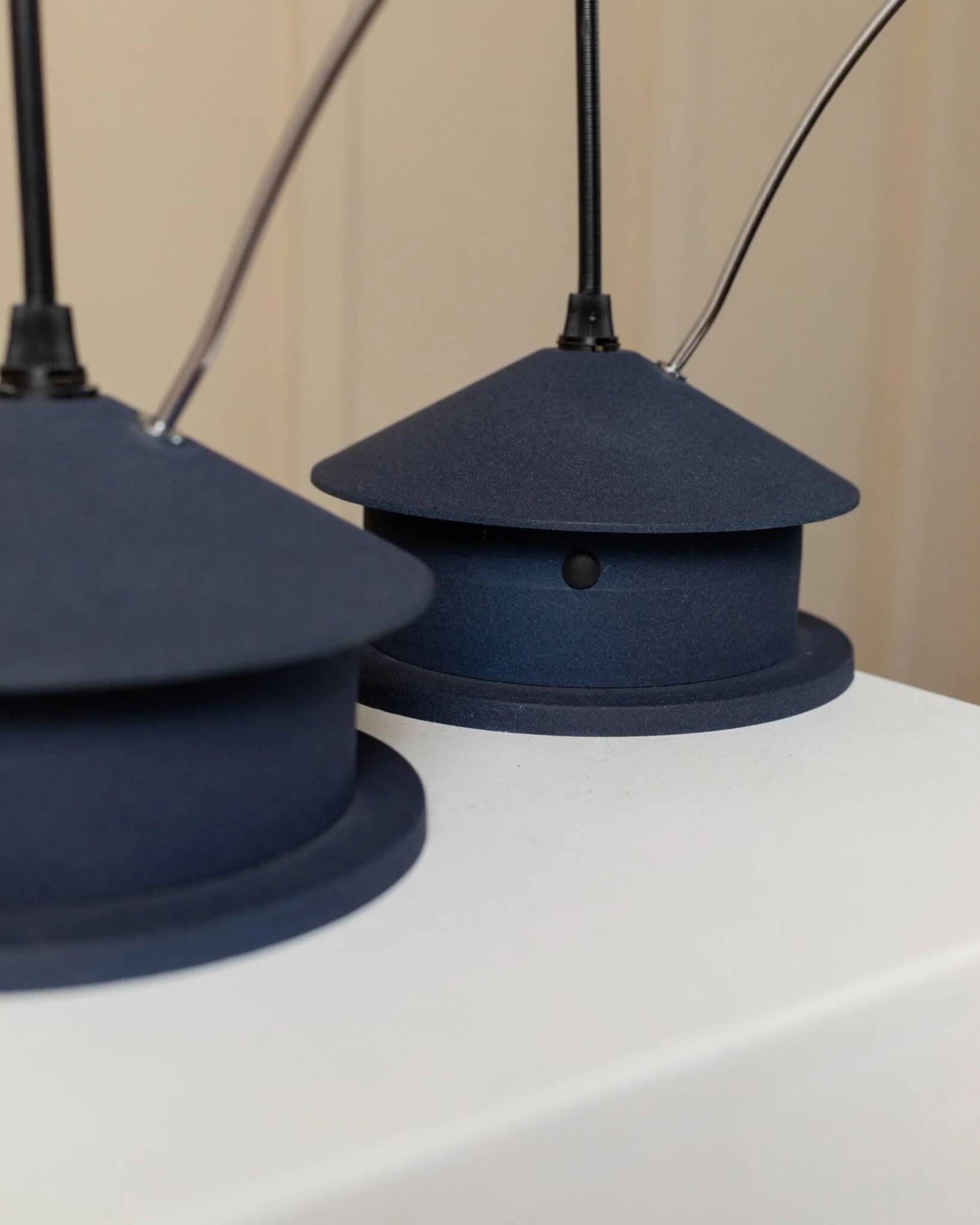 Vintage blue metal table lamp with adjustable chrome neck and white plastic origami shade, 1980s Italy