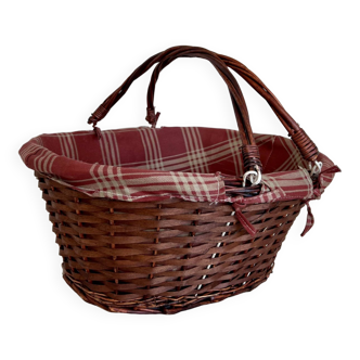 Grand panier vintage rotin foncé double anses amovibles et doublure rouge motif tartan