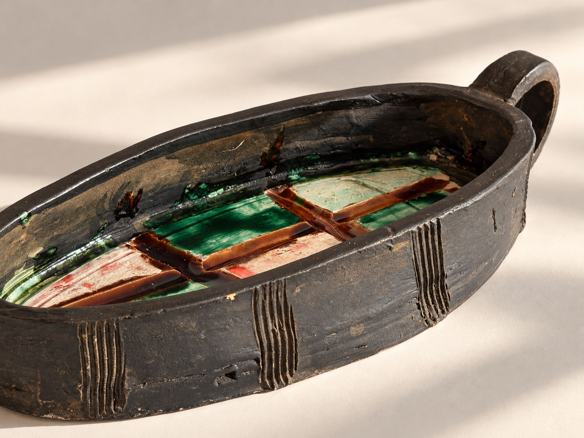 Oval bowl with two handles in glazed ceramic, 1970-71