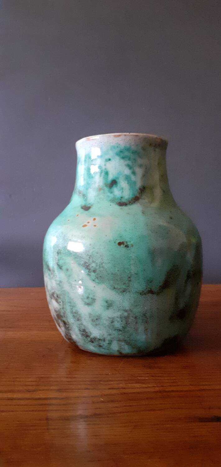 Vase en céramique bleu-vert signé Pierre Lion, année 60