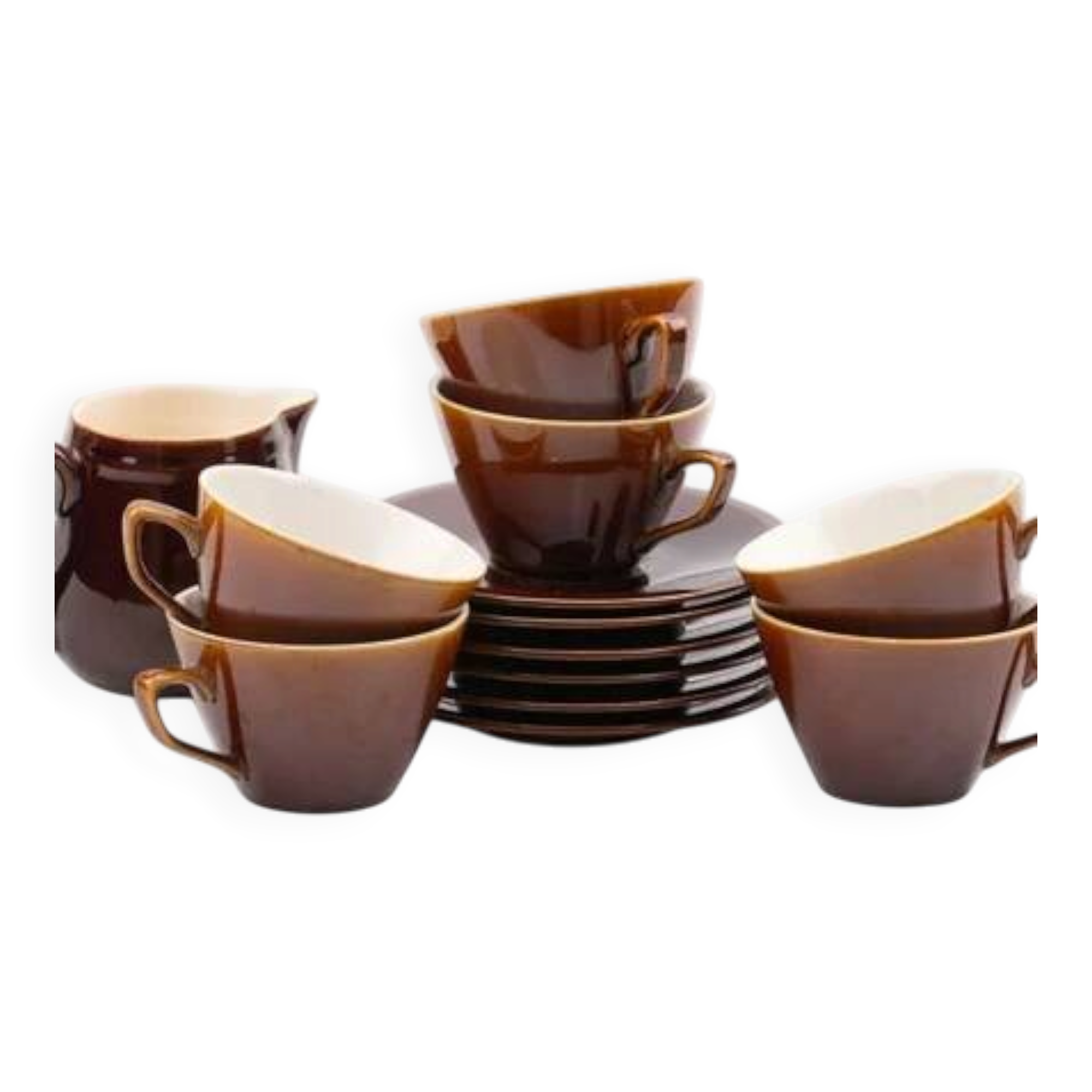 Set of 6 cups and saucers Villeroy & Boch - Bistro model - Brown and white - 1960s