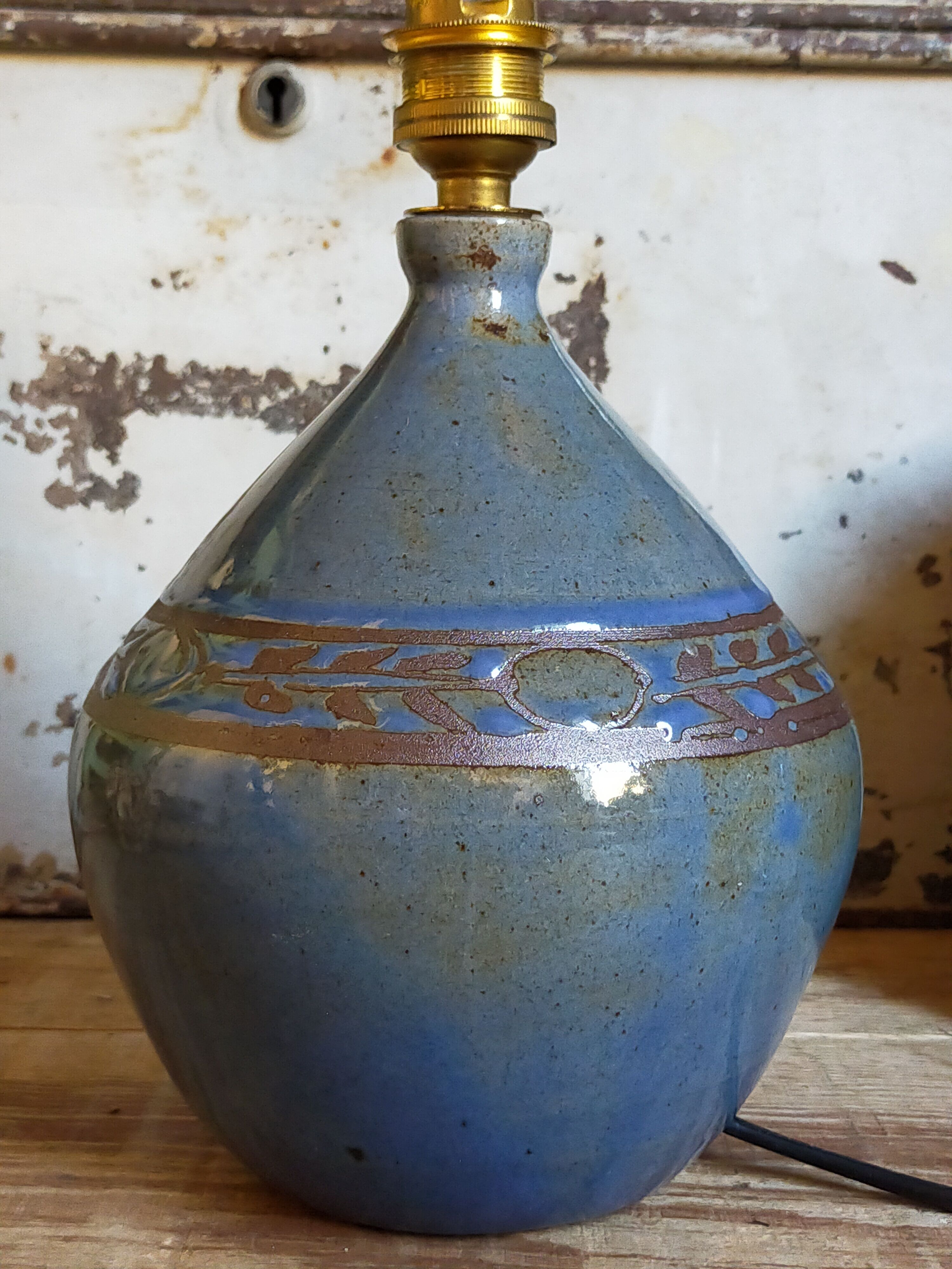 Vintage potter's ceramic table lamp, raffia lampshade