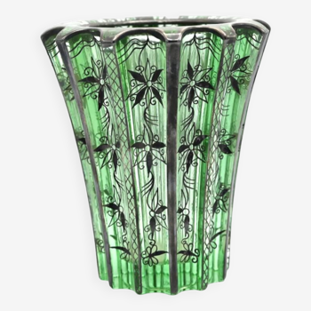 Pierre D'Avesn Ribbed green vase with silver floral (holy grail) decoration, signed at the base