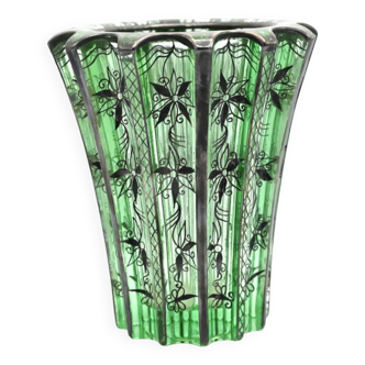 Pierre D'Avesn Ribbed green vase with silver floral (holy grail) decoration, signed at the base